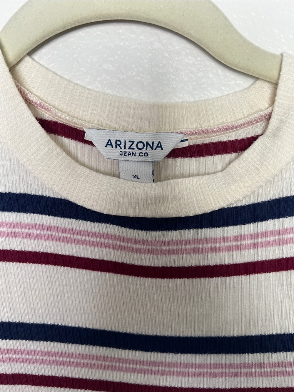EUC Arizona Striped Long-Sleeve Knit Dress - Cream with Navy & Burgundy Stripes - Picture 2 of 3